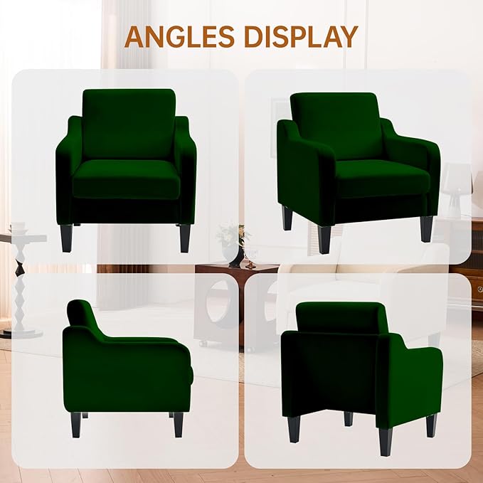 Accent Chairs Set of 2 for Living Room, Modern Velvet Living Room Chairs with Wide Backrest, Upholstered Comfy Chair with Cushion, Oversized Sofa Chair with Wood, Single Armchair, Green