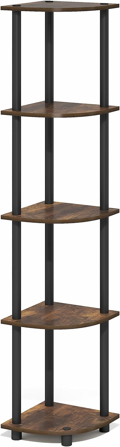 Furinno Turn-N-Tube Corner Shelf, 5-Tier Corner Bookshelf, Open Storage Shelves, for Organization and Storage, Living Room, Home Office, Garage, Bedroom, Amber Oak