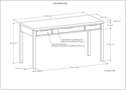 SIMPLIHOME Hollander Desk - 60-Inch Wide Solid Wood Writing Desk in Warm Walnut Brown, Contemporary Home Office Computer Table for Workspace or Study with 2 Drawers and Flip-Down Keyboard Tray