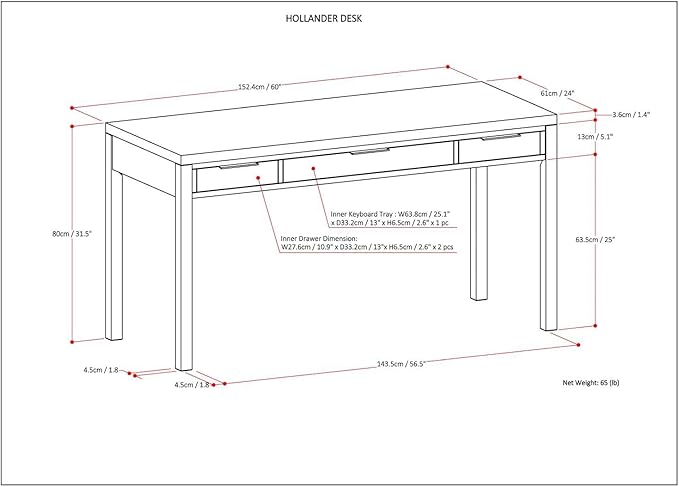 SIMPLIHOME Hollander Desk - 60-Inch Wide Solid Wood Writing Desk in Medium Saddle Brown, Contemporary Home Office Computer Table for Workspace or Study with 2 Drawers and Flip-Down Keyboard Tray