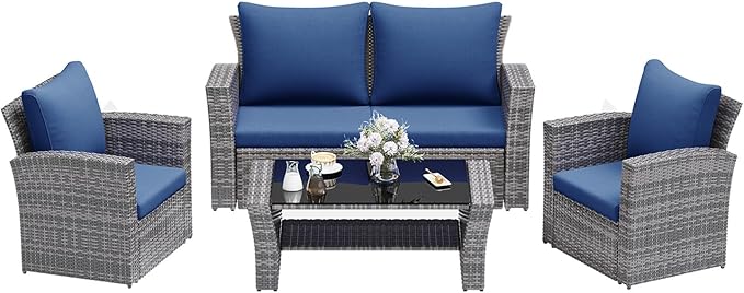 Wisteria Lane 4 Piece Patio Furniture Set, Wicker Outdoor Patio Conversation Furniture Set, All Weather Outdoor Patio Sofa with Cushion and Glass Table, Dark Blue