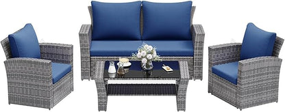 Wisteria Lane 4 Piece Patio Furniture Set, Wicker Outdoor Patio Conversation Furniture Set, All Weather Outdoor Patio Sofa with Cushion and Glass Table, Dark Blue