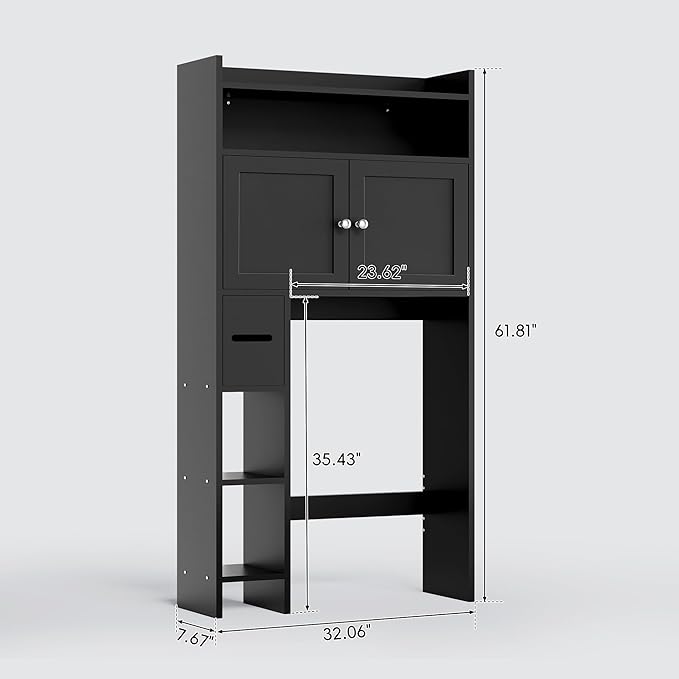 MU Over The Toilet Storage Cabinet with Doors, 32" Bathroom Storage Organizer with Side Shelves, Space-Saving Toilet Storage Rack for Bathroom, Laundry (Black)