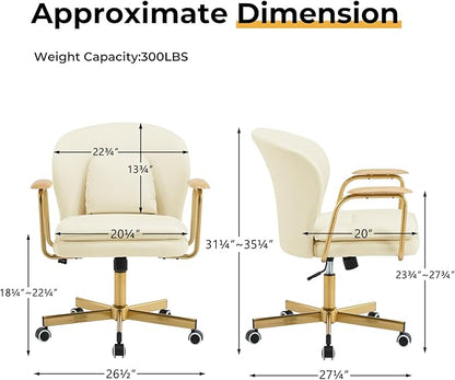Furniliving Leather Home Office Desk Chairs，Comfy Office Chair, Adjustable Swivel Computer Chair with Golden Legs and Wooden Padded Armrest, Modern Upholstered Task Chair with Wheels,Beige