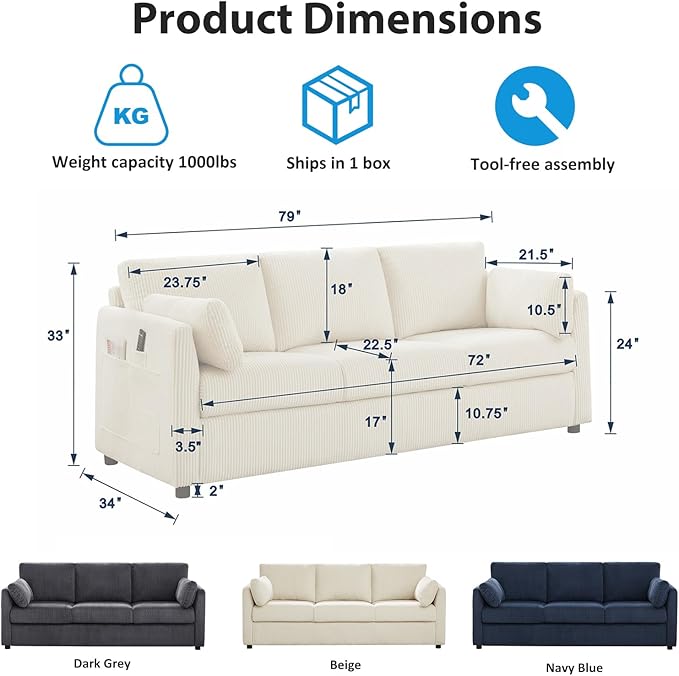 Living Room Sofa Set, Corduroy 3-Seat Couch with Set of 2 Accent Side Chairs, Soft Pillows and Side Pockets, Modern Living Room Furniture Sets for Apartment, Small Spaces, Navy Blue