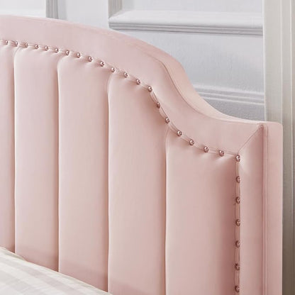 24KF Velvet Fabric Upholstered Queen/Full Headboard with Nail Trims,Modern Vertical Channel Design with Curved Headboard, 6052-Q-Pink