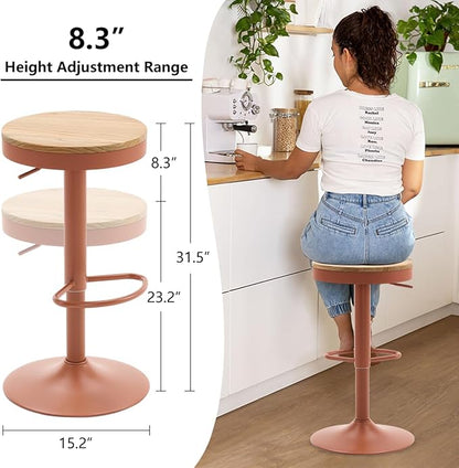 Kidol & Shellder Bar Stools Set of 4 Round Adjustable Swivel Barstools Modern Backless Bar Chairs Wooden Seat Counter Height Stools Armless for Kitchen Island, Cafe, Dining Room Terracotta