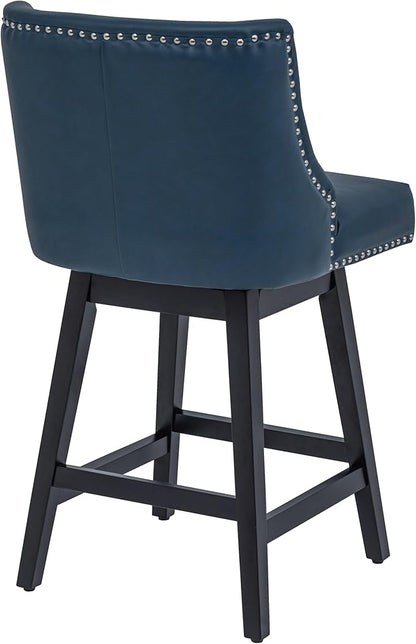 Bar Stools Set of 2, PU Leather Barstools, 26 Inch Upholstered Counter Stools with 13.8" High Back and Footrest, Swivel Counter Height Barstools for Kitchen Island Home Bar Navy Blue
