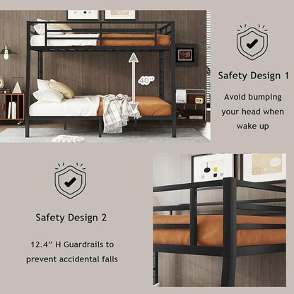 Bellemave Full XL Over Queen Bunk Bed for Adults, Full XL Over Queen Bunk Bed Frame with 2 Ladder and Full Length Guardrail, Easy Assemble, Mattress Not Included, Black