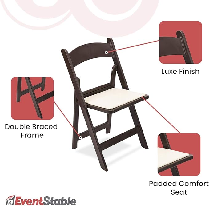EventStable Titan PRO Resin Folding Chair - Dark Brown Indoor/Outdoor Lightweight Foldable Chair - Vinyl Padded Folding Chair for Weddings Parties Events - 50 Pack