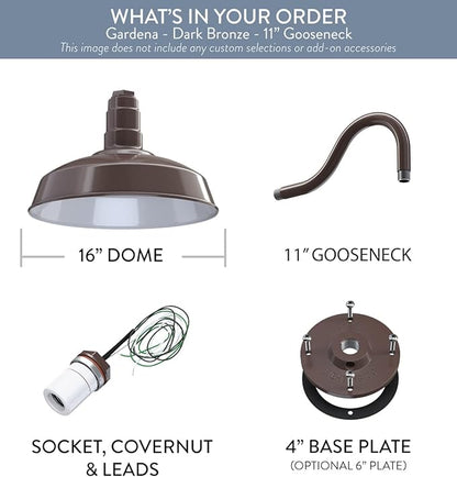 Steel Lighting Co. Gardena Barn Light | Outdoor Wall Mounted | 16" Dome | 11" Gooseneck | Farmhouse Light Made in America | Dark Bronze Exterior/White Interior