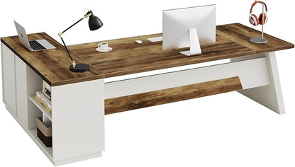 Tribesigns L-Shaped Executive Desk, 78-Inch Modern Office Desk with Drawers and Lateral File Cabinet, Large Bussiness Furniture with Storage Shelves, Workstation for Home Office (Brown + White)