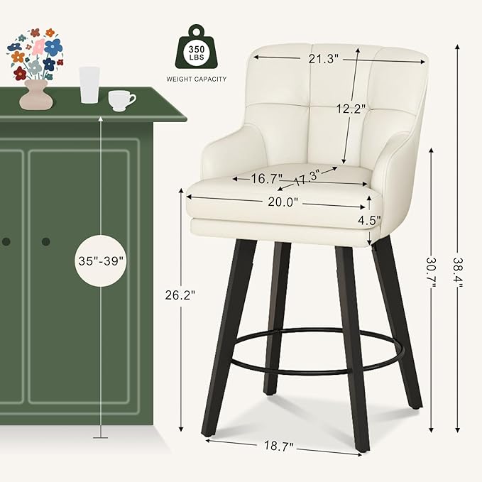 360°Swivel Counter Height Bar Stools with Back, 26 inch Solid Wood Legs, Bar Stool Modern Kitchen Island Chairs, Faux Leather (Beige- Faux Leather, 26" H- Set of 3)