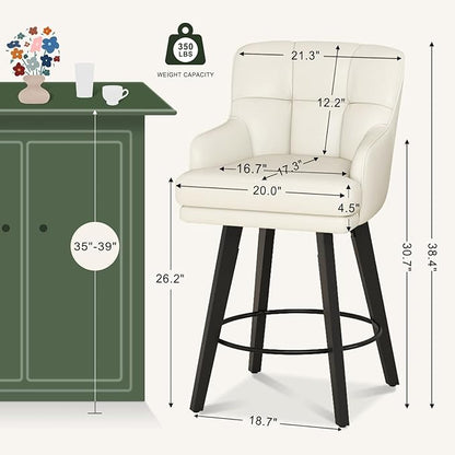 360°Swivel Counter Height Bar Stools with Back, 26 inch Solid Wood Legs, Bar Stool Modern Kitchen Island Chairs, Faux Leather (Beige- Faux Leather, 26" H- Set of 4)