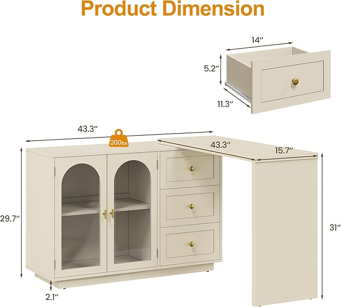 RoyalCraft L Shaped Home Office Desk, Large Extendable and Rotatable Desk with 3 Drawers and 2 Doors, Corner Computer Desk, Modern Study Writing Table for Bedroom, Home Office, Beige