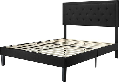Allewie Full Size Upholstered Platform Bed Frame with Adjustable Headboard, Button Tufted, Wood Slat Support, Easy Assembly, Black