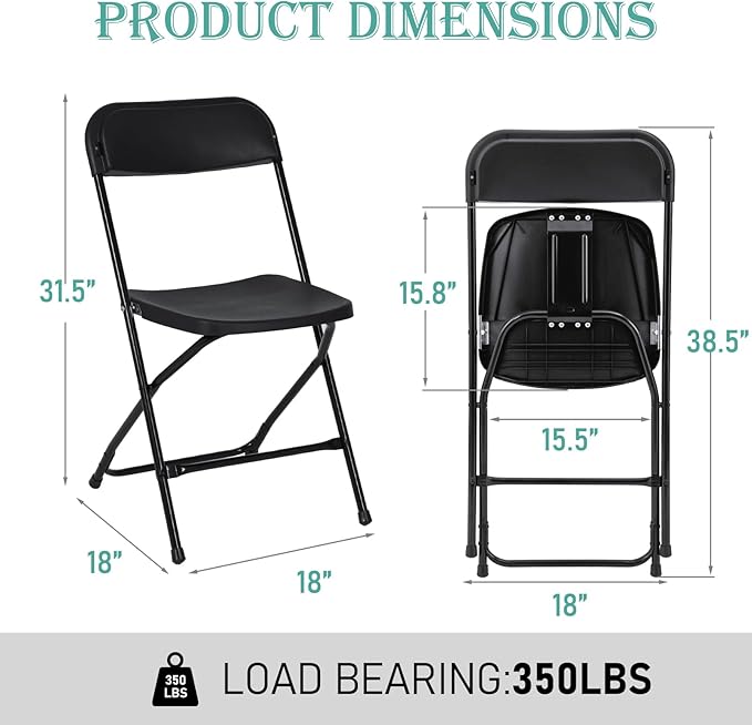 10 Pack Plastic Folding Chairs, Portable Stackable Commercial Seat Folding Chairs with Steel Frame 350lbs for Home Office Outdoor Indoor Office Wedding Party Events, Black