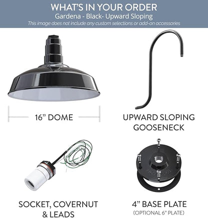 Steel Lighting Co. Gardena Barn Light | Outdoor Wall Mounted | 16" Dome | Upslope Gooseneck | Farmhouse Light Made in America | Black Exterior/White Interior