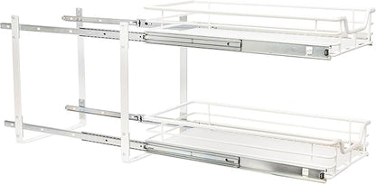 Household Essentials Glidez Multipurpose Powder-Coated Steel Pull-Out/Slide-Out Storage Organizer with Plastic Liners 2-Tier Dual-Slide Design, White