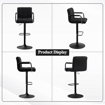 Furniliving Swivel Bar Stools Set of 4, Adjustable Kitchen Counter Height BarStools with Arms, Sherp Upholstered Bar Chair with Back and Footrest for Dining Room, Kitchen, Pub, Bar (Black)