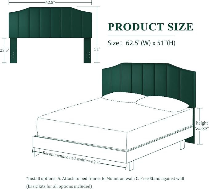 Velvet Queen Size Headboard, Upholstered Headboard Queen/Full Size Wall Mount and Bed Frame Mount, Featuring High-Density Sponge Padding Luxury Texture Easy Assembly Comfort Style-Jade