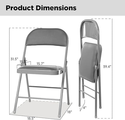 6 Pack Folding Chairs with Padded Seats, Padded Folding Chair with Steel Frame for Events Home Office, Pu Leather Folding Chair Grey