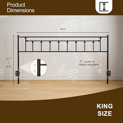 Metal King Size Headboard - Adjustable Height - Victorian Farmhouse Style, Easy Assembly, Attach Frame, Steel King Headboard Only for Bedroom - Black
