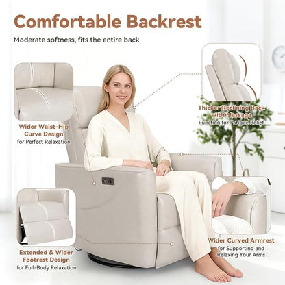 Himimi Power Massage Recliner Chair, Oversized Swivel Rocker Chair with Vibration Massage and Heat, Glider Recliner for Adults, USB Charging, Side Pocket, Nursery, Living Room, Bedroom (Ivory)