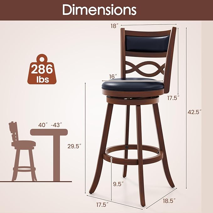 COSTWAY Bar Stools Set of 4, 29.5” Bar Height Stools with Rubber Wood Frame, Faux Leather Upholstered Seat and Backrest, Swivel Barstools for Kitchen Island, Pub, Brown (4, Seat Height: 29.5”)