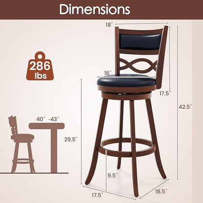 COSTWAY Bar Stools Set of 2, 29.5” Bar Height Stools with Rubber Wood Frame, Faux Leather Upholstered Seat and Backrest, Swivel Barstools for Kitchen Island, Pub, Brown (2, Seat Height: 29.5”)