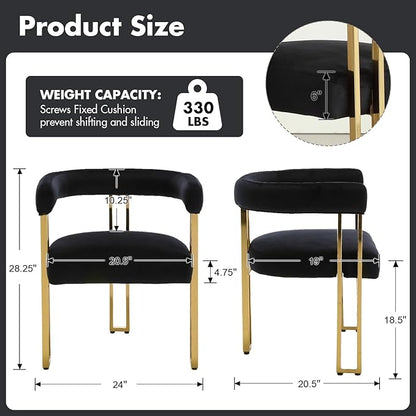 Black and Gold Modern Dining Chairs Set of 2, Velvet Upholstered Barrel Armchairs with Metal Legs for Kitchen Island, Mid Century Accent Chairs for Dining Room Living Room, Open-Back
