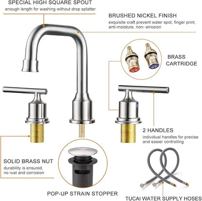 WOWOW 2 Handles 8 inch Widespread High Arc Bathroom Faucet Brushed Nickel Lavatory Faucet 3 Hole 360°Swivel Spout Modern Sink Basin Faucets