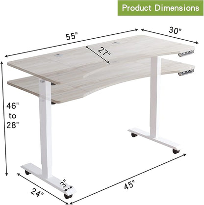 Radlove Electric Standing Desk, 55 x 30 Height Adjustable Computer Desk Sit Stand Desk Home Office Desks with Splice Board and A Under Desk Cable Management Tray (White Frame + Oak Top)