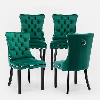 Velvet Upholstered Dining Chairs Set of 4, Modern Style Kitchen Side Chairs with Nailhead Trim and Wood Legs,Metal Pulling Ring for Dining Room Living Room(Green)