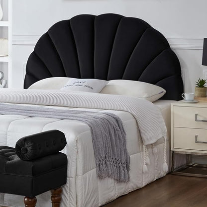 24KF Stunning Crown Design Queen Headboard, Upholstered Soft Velvet Petal Pattern Headboard Queen/Full, 6039-Q-Black