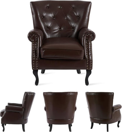 MOJAY PU Leather Accent Chair, Mid-Century Modern Armchair Living Room Club Chair with Tufted Button & Rivet Trim, Upholstered Sofa Chair with Sturdy Wood Legs for Bedroom (Caramel)