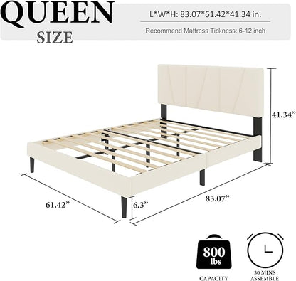 Queen Size Bed Frame with Fabric Upholstered Headboard, Platform Bed with Wooden Slats Support, Fully Mattress Foundation, Box Spring Optional, Easy Assembly