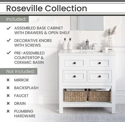 Hanover Roseville 31'' Vanity Cabinet with Sink Combo for Bathroom, Powder Room | Pre-Assembled Cabinet | 2 Drawers, Bottom Shelf | Artificial Stone Countertop | White Cabinet | HANVN0108-31-1WH