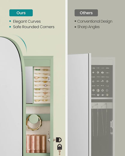 SONGMICS Jewelry Organizer, LED Jewelry Cabinet Wall/Door Mounted, Lockable Rounded Wide Mirror with Storage, Christmas Gift 3.9 x 16.5 x 42.5 Inches, Laurel Green Surface with Cream White Lining
