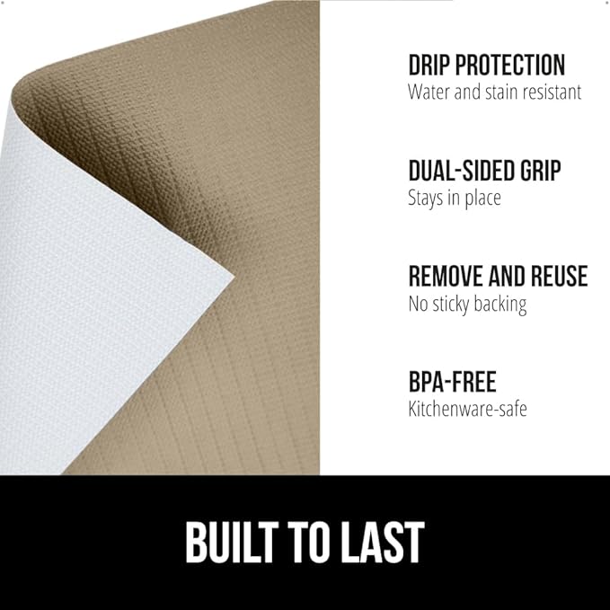 GORILLA GRIP DripGuard Shelf Liner, Non Adhesive Drawer and Kitchen Cabinet Protector, Slip Resistant BPA Free Smooth Surface Plastic Liners for Cabinets, Bathrooms, Closets, 17.5x240 Inch, Beige
