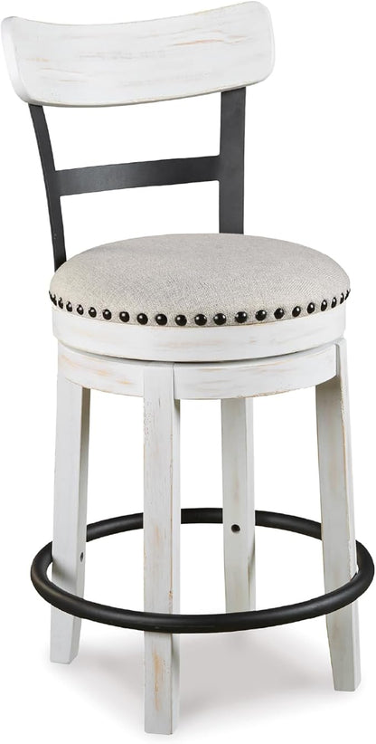 Signature Design by Ashley Valebeck | Modern Swivel 24.5" Counter Height Barstool – Rustic-Industrial Whitewash, Upholstered Cushion, 360° Swivel, Nailhead Trim