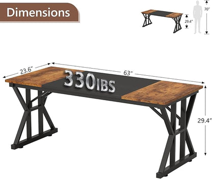 TVU 63-Inch Executive Desk, Large Office Desk with Thicken Frame, Computer Desk Modern Simple Desk for Home Office, Rustic Brown/Black