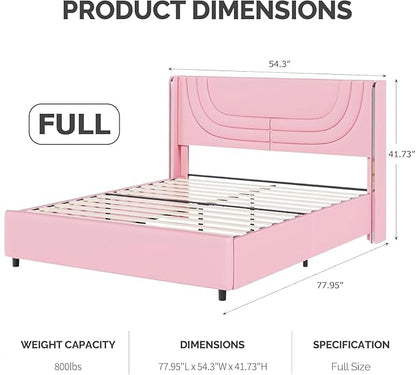 Pink Full Size Bed Frame with LED Lights, Faux Leather Upholstered Platform with Silver Wingback Headboard, Modern Style, No Box Spring Needed, Easy Assembly