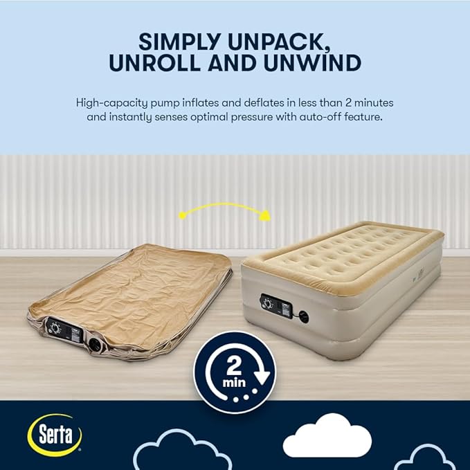 Serta Raised Air Mattress with Never Flat Pump | Luxury Inflatable Mattress with Built in Air Pump to Ensure a Good Night’s Rest | Heavy Duty Blow Up Mattress with Self Inflating Pump