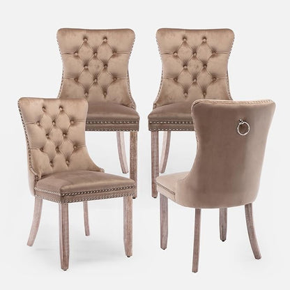 Velvet Upholstered Dining Chairs Set of 4, Modern Style Kitchen Side Chairs with Nailhead Trim and Wood Legs,Metal Pulling Ring for Dining Room Living Room