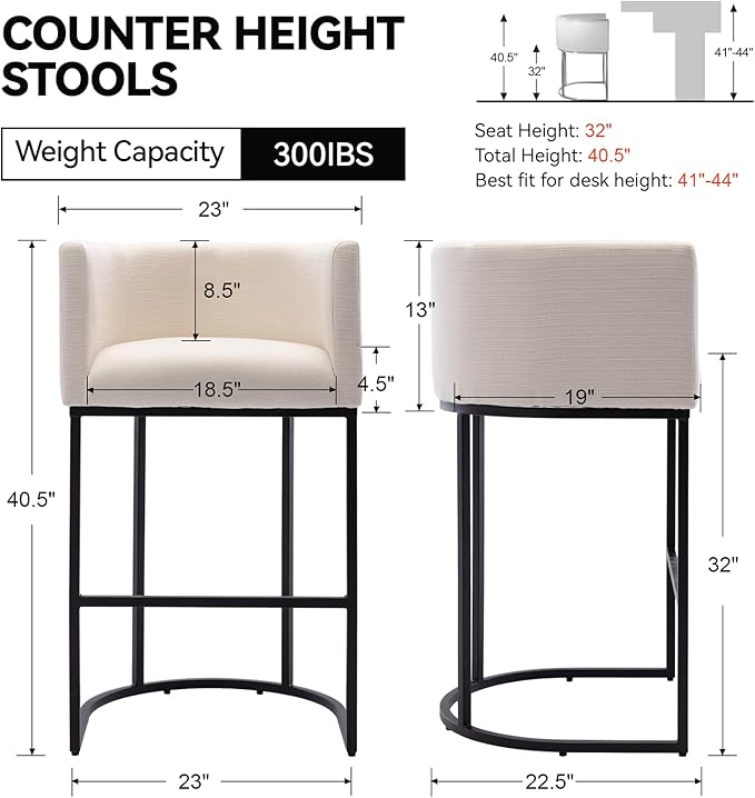 Contemporary Cream Linen Bar Stools Set of 2, 32" Upholstered Fabric Counter Height Barstool Kitchen Counter Island Stools with Black Metal Base