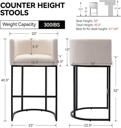 Contemporary Cream Linen Bar Stools Set of 2, 32" Upholstered Fabric Counter Height Barstool Kitchen Counter Island Stools with Black Metal Base