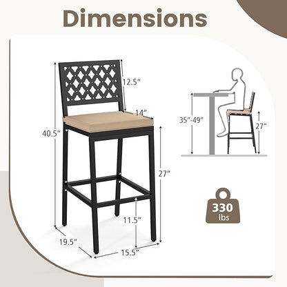 COSTWAY Outdoor Bar Chairs Set of 4, Armless Heavy-Duty Metal Frame Counter Height Chairs with Removable Cushions, Footrest, Ergonomic Backrest, Upholstered Barstools for Patio, Poolside, Backyard