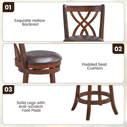 COSTWAY Bar Stools Set of 4, 360° Swivel Chairs with Rubber Wood Frame, 26 in PU Leather Cushioned Seat and Footrests, for Kitchen Island, Dining Room, Bar (Brown-26 inches, 4 stools)