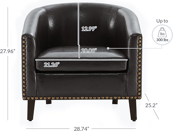 BELLEZE Accent Barrel Chair, Modern Faux Leather Tub Club Chair Upholstered Armchair with Gold Nail Head Trim and Black Legs for Living Room Bedroom Apartment Lounge - Dark Brown